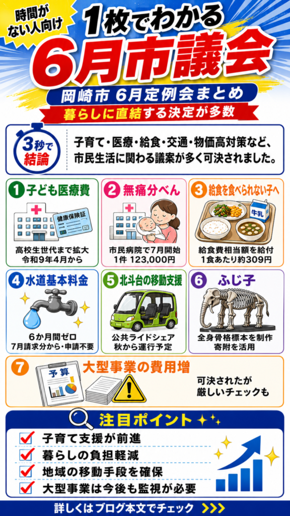 令和8年6月の岡崎市議会定例会で決まった主な内容を1枚にまとめたインフォグラフィック。子ども医療費の高校生世代まで拡大、市民病院の無痛分べん開始、北斗台団地のライドシェアなどを図解。