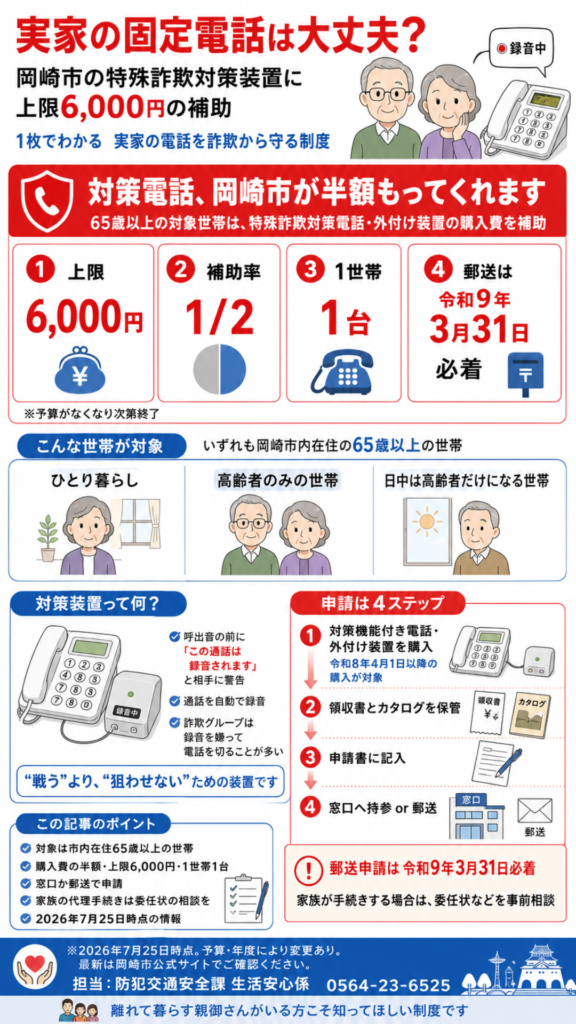 岡崎市の特殊詐欺対策装置購入費補助の解説図。65歳以上の世帯が対象で、購入費の半額・上限6千円を補助。申請は窓口または郵送